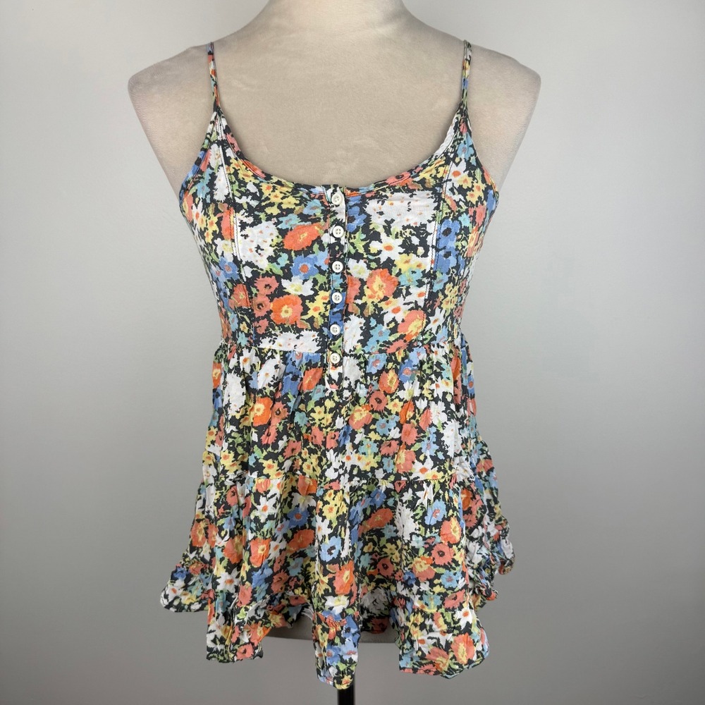Aeropostale Womens Floral Babydoll Cami Top MultiColor Tiered Open Back Rayon XS